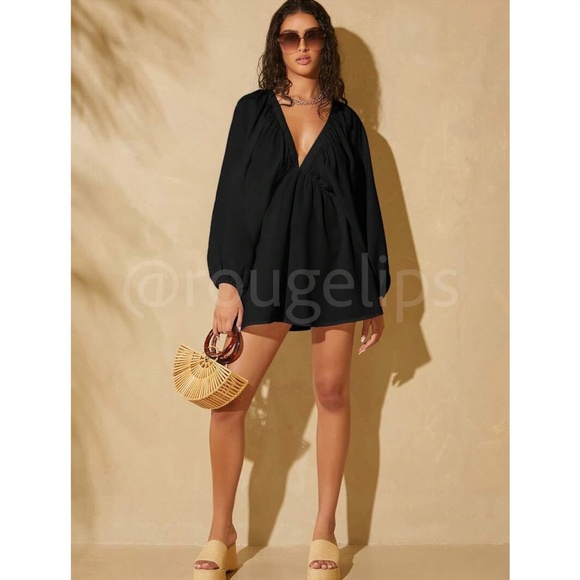 Black Boho Mini Dress Frill Batwing Bishop Sleeve Deep V Neck Flared - Picture 3 of 6